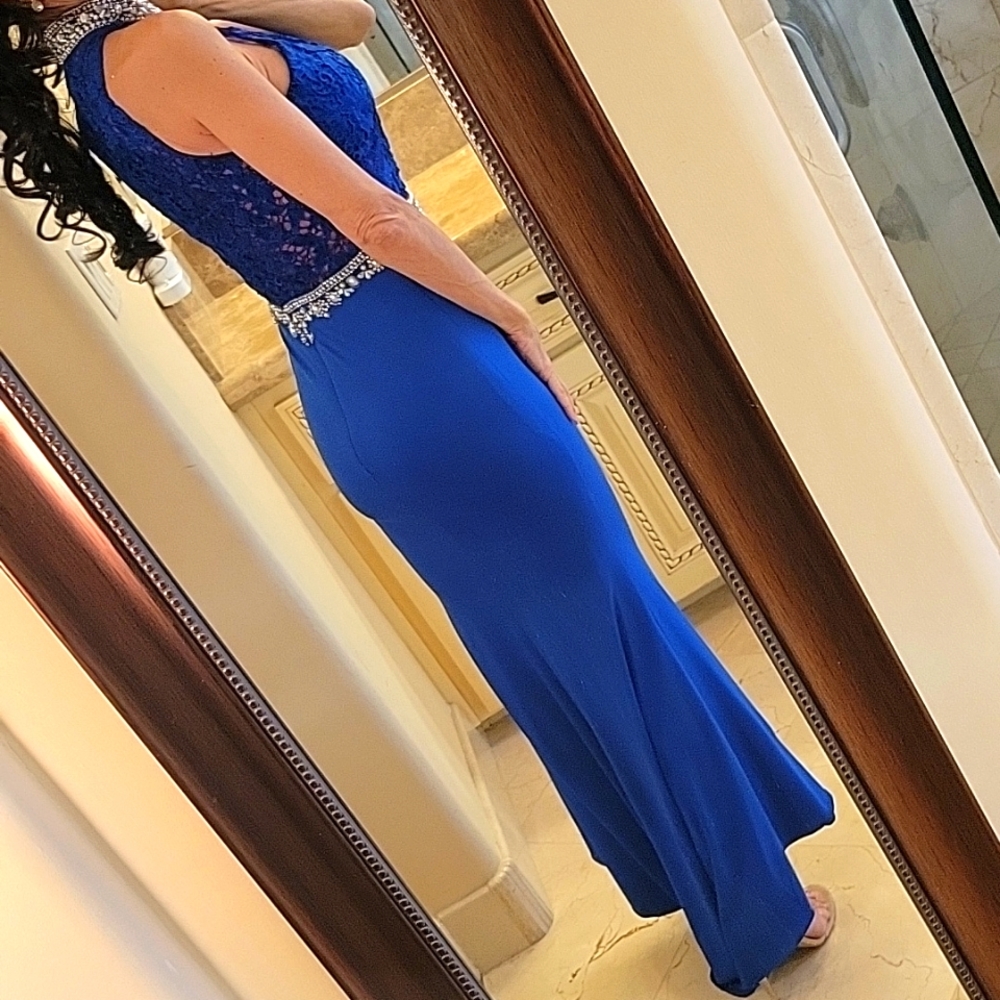 Blue Pearl & Rhinestoned Embellished Mermaid High-low Formal Dress, XS - Picture 5 of 16